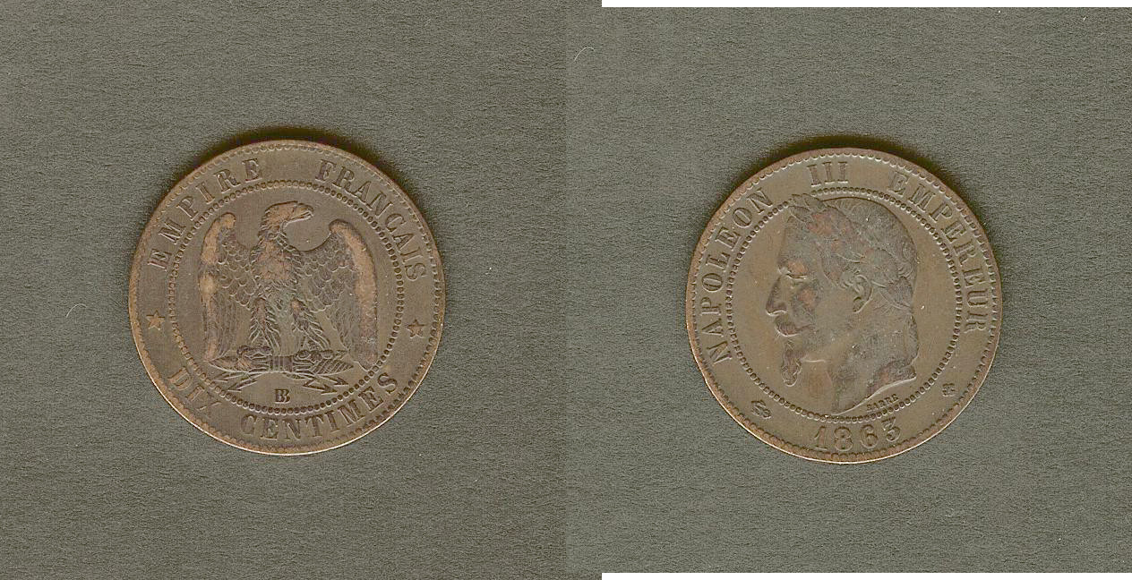 Dix centimes Napoléon III, tête laurée 1863 Strasbourg TTB-